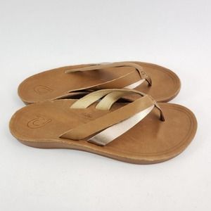 OluKai Kaekae Women's Size 9 Beach Sandals Sahara Bubbly Tan Leather Flip-Flop